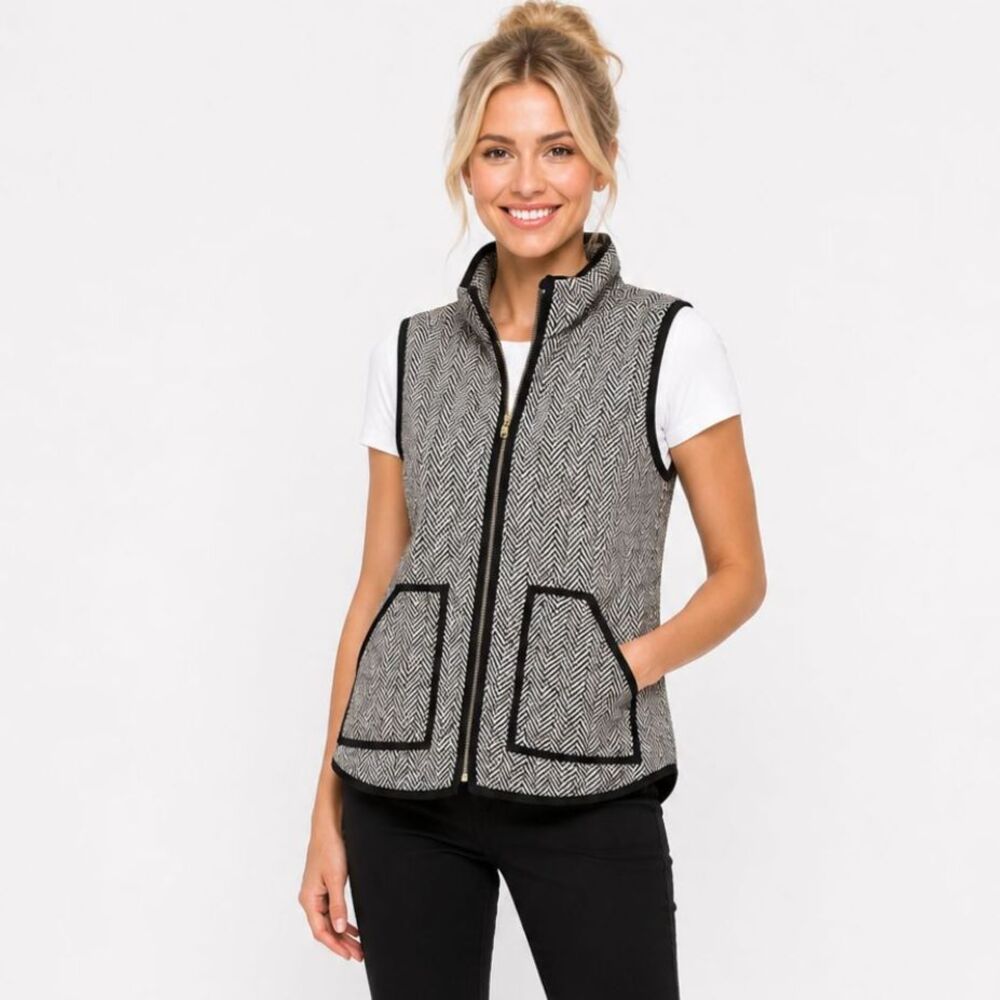 J Crew Excursion Black & White Herringbone Quilted Puffer Vest Zip Up Sz S